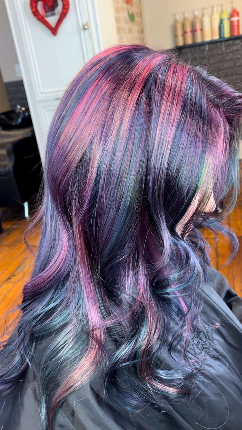 Vivid oil-slick creative hair color at Spalon Hudson NY
